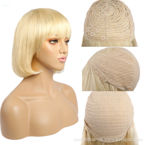 Pixie Cut Straight Short Bob Wigs Sunlight hair Full Machine Wigs with bangs 100 % human hair wigs for black women